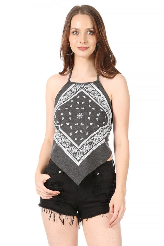 Women's Casual Paisley Printed Bandana Sleeveless Halter Top FashionJOA