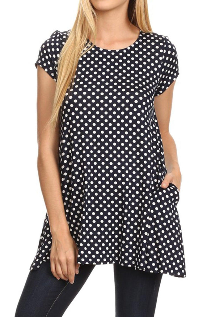 Women's Casual Polka Dot Short Sleeve Round Neck Tunic Tops with Side Pockets FashionJOA