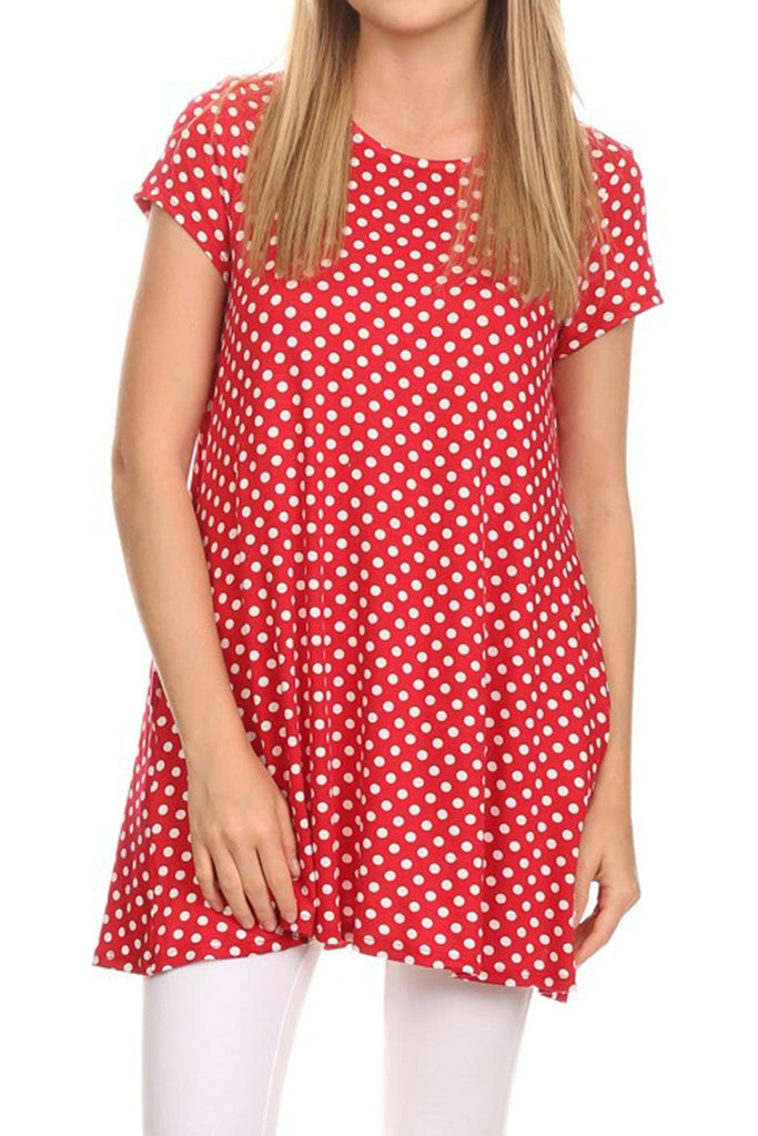 Women's Casual Polka Dot Short Sleeve Round Neck Tunic Tops with Side Pockets FashionJOA