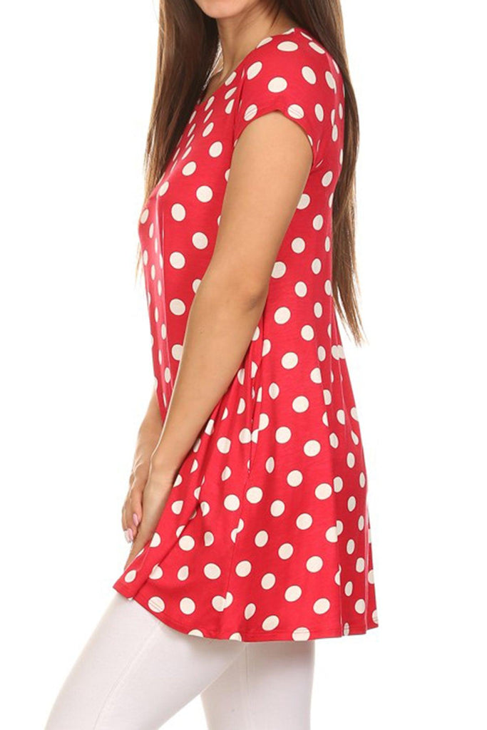 Women's Casual Polka Dot Short Sleeve Round Neck Tunic Tops with Side Pockets FashionJOA