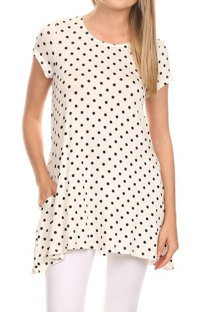 Women's Casual Polka Dot Short Sleeve Round Neck Tunic Tops with Side Pockets FashionJOA