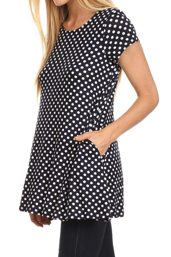 Women's Casual Polka Dot Short Sleeve Round Neck Tunic Tops with Side Pockets FashionJOA