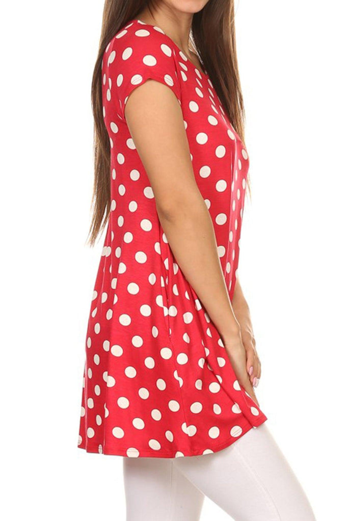 Women's Casual Polka Dot Short Sleeve Round Neck Tunic Tops with Side Pockets FashionJOA