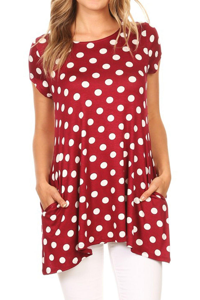 Women's Casual Polka Dot Short Sleeve Round Neck Tunic Tops with Side Pockets FashionJOA