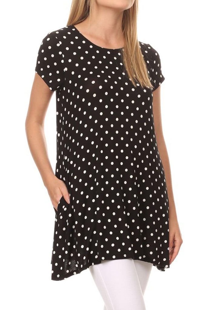 Women's Casual Polka Dot Short Sleeve Round Neck Tunic Tops with Side Pockets FashionJOA