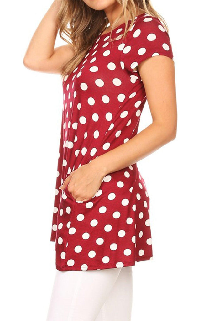 Women's Casual Polka Dot Short Sleeve Round Neck Tunic Tops with Side Pockets FashionJOA