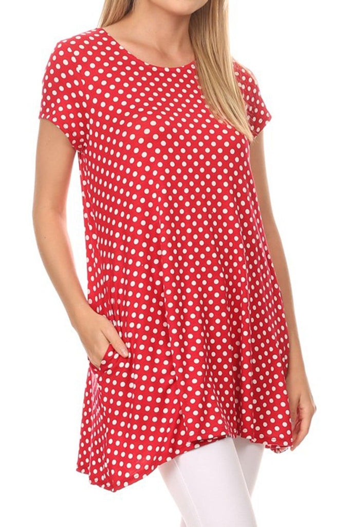 Women's Casual Polka Dot Short Sleeve Round Neck Tunic Tops with Side Pockets FashionJOA