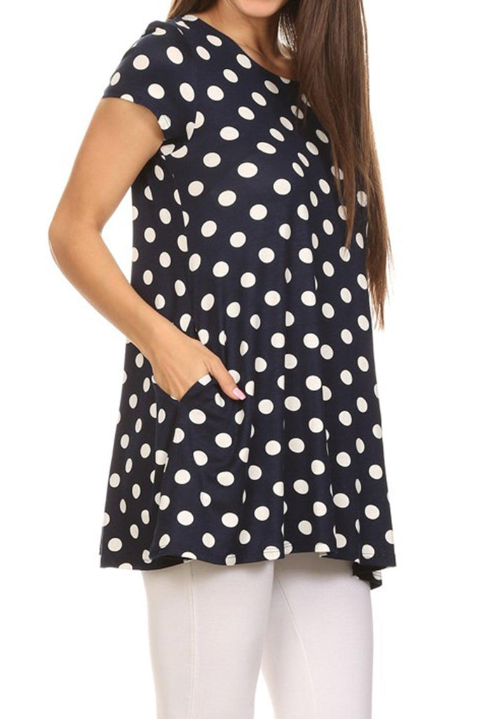 Women's Casual Polka Dot Short Sleeve Round Neck Tunic Tops with Side Pockets FashionJOA