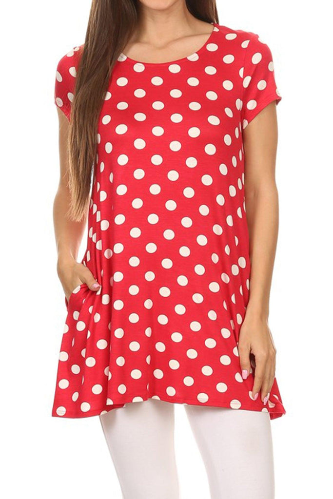 Women's Casual Polka Dot Short Sleeve Round Neck Tunic Tops with Side Pockets FashionJOA