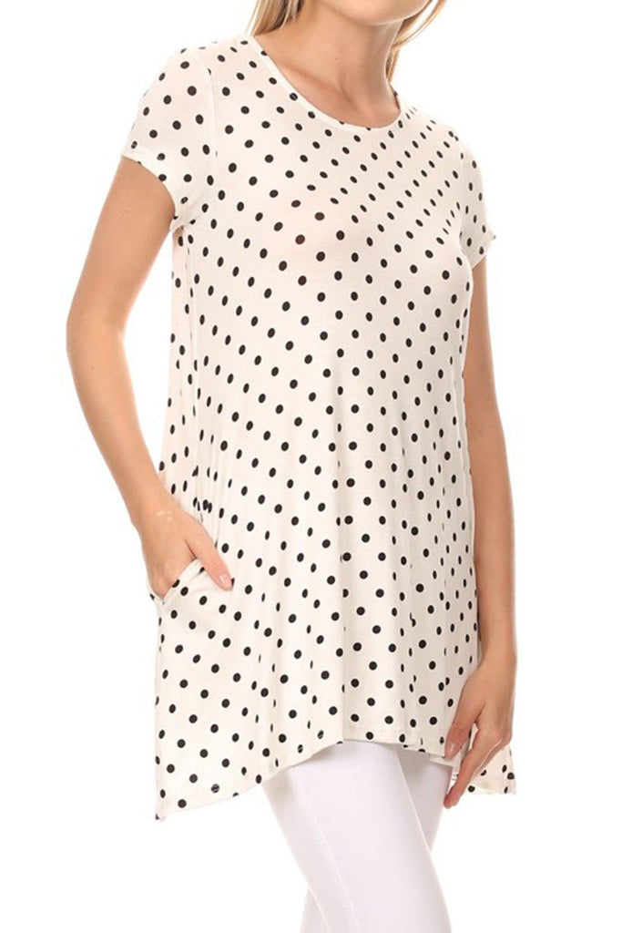 Women's Casual Polka Dot Short Sleeve Round Neck Tunic Tops with Side Pockets FashionJOA