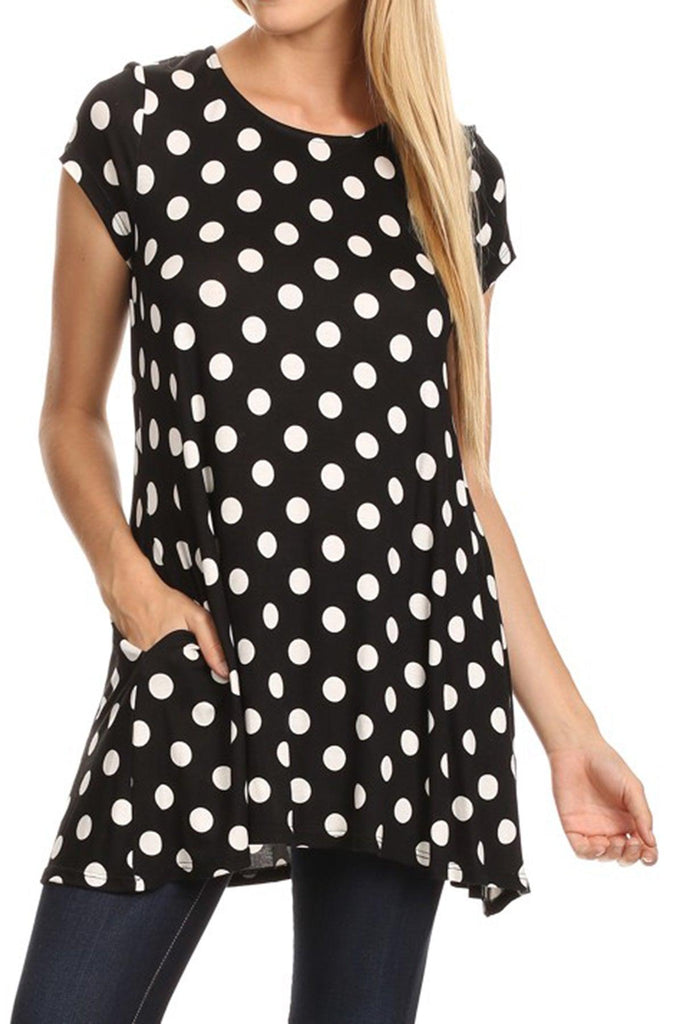 Women's Casual Polka Dot Short Sleeve Round Neck Tunic Tops with Side Pockets FashionJOA