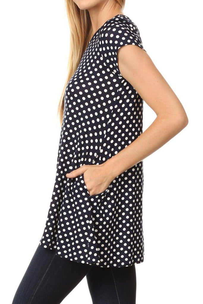 Women's Casual Polka Dot Short Sleeve Round Neck Tunic Tops with Side Pockets FashionJOA