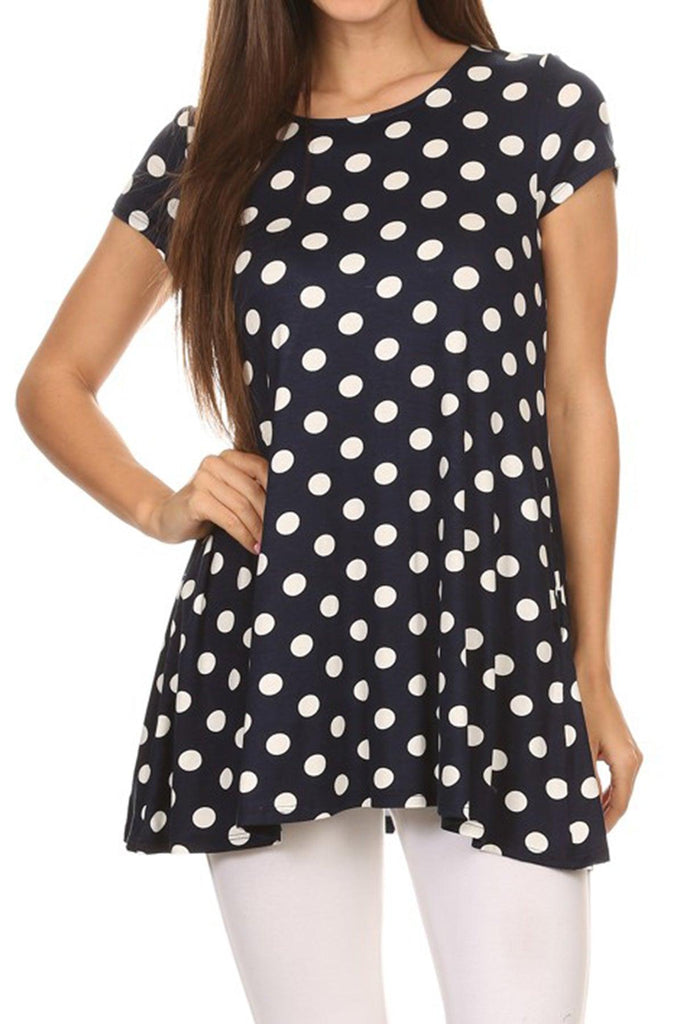 Women's Casual Polka Dot Short Sleeve Round Neck Tunic Tops with Side Pockets FashionJOA