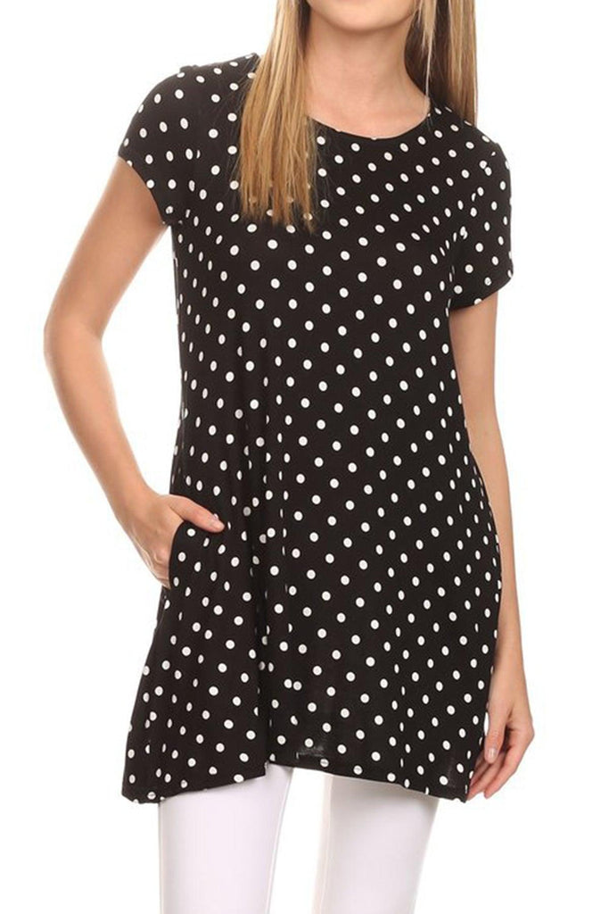 Women's Casual Polka Dot Short Sleeve Round Neck Tunic Tops with Side Pockets FashionJOA