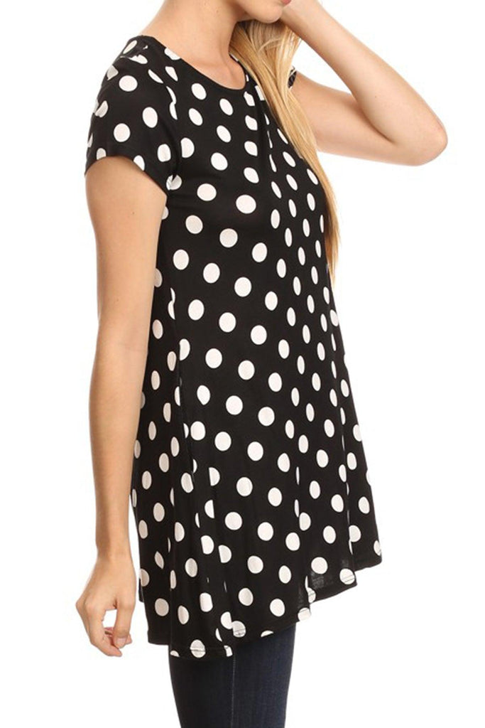 Women's Casual Polka Dot Short Sleeve Round Neck Tunic Tops with Side Pockets FashionJOA