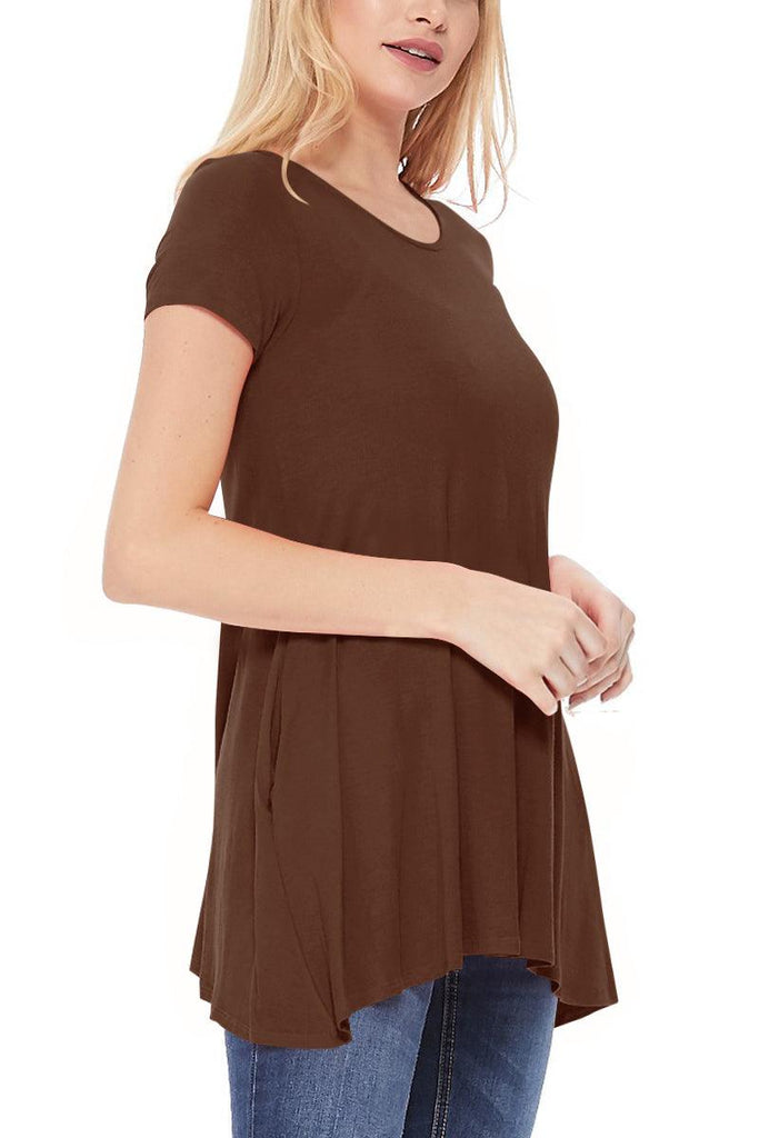 Women's Casual Short Sleeve Relaxed Fit Round Neck Side Pockets Tunic Top FashionJOA