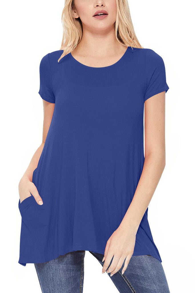 Women's Casual Short Sleeve Relaxed Fit Round Neck Side Pockets Tunic Top FashionJOA