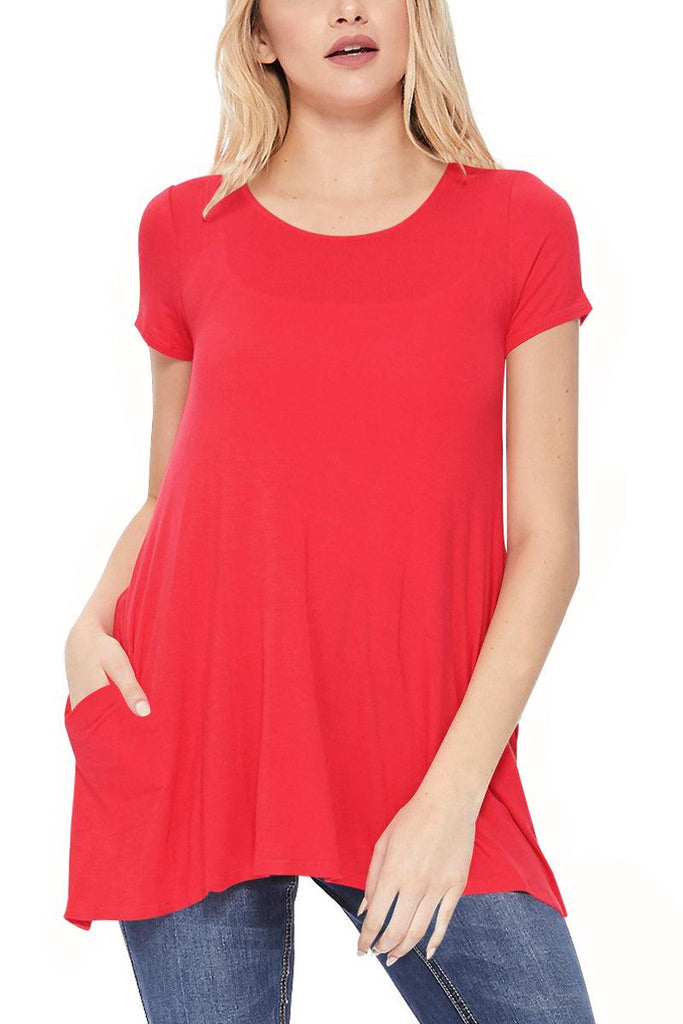 Women's Casual Short Sleeve Relaxed Fit Round Neck Side Pockets Tunic Top FashionJOA