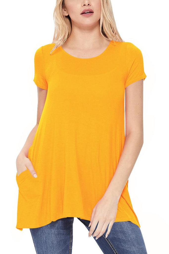 Women's Casual Short Sleeve Relaxed Fit Round Neck Side Pockets Tunic Top FashionJOA