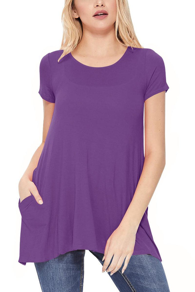 Women's Casual Short Sleeve Relaxed Fit Round Neck Side Pockets Tunic Top FashionJOA