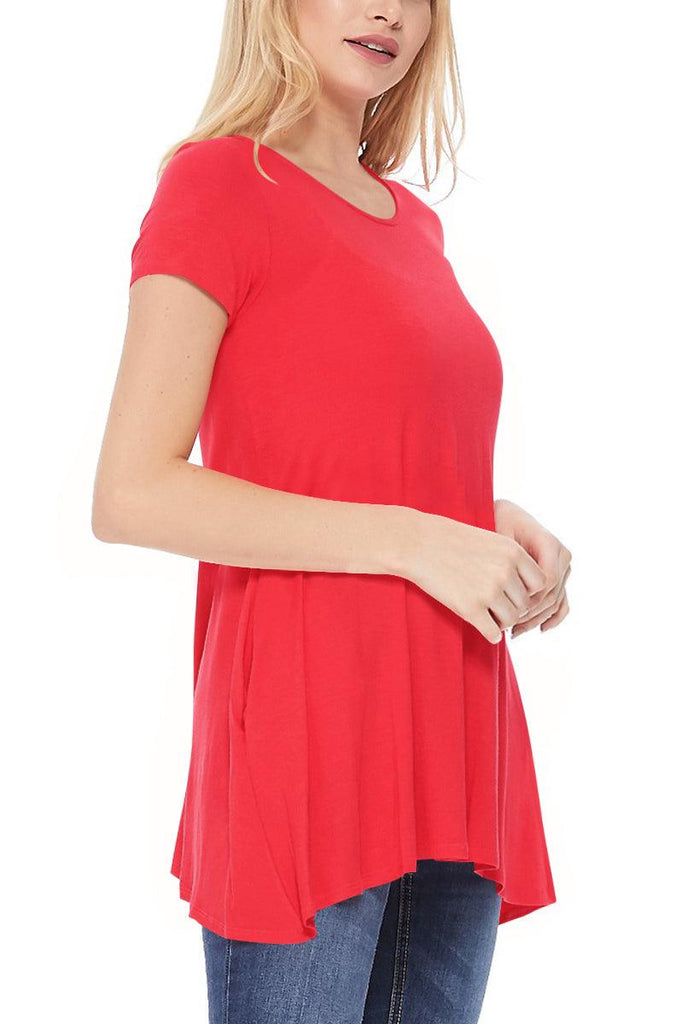 Women's Casual Short Sleeve Relaxed Fit Round Neck Side Pockets Tunic Top FashionJOA