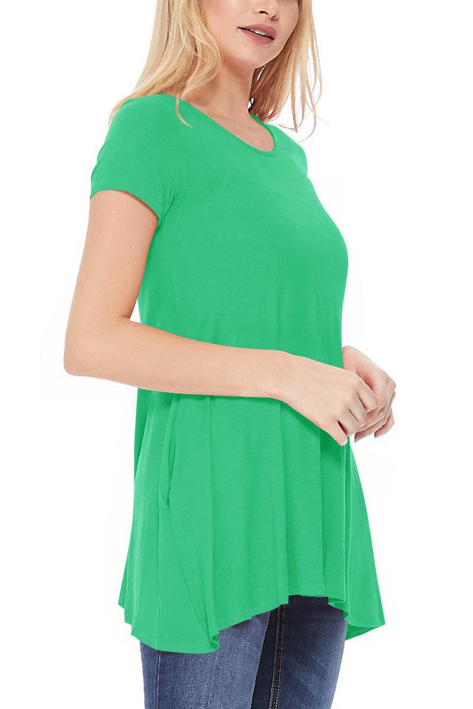 Women's Casual Short Sleeve Relaxed Fit Round Neck Side Pockets Tunic Top FashionJOA