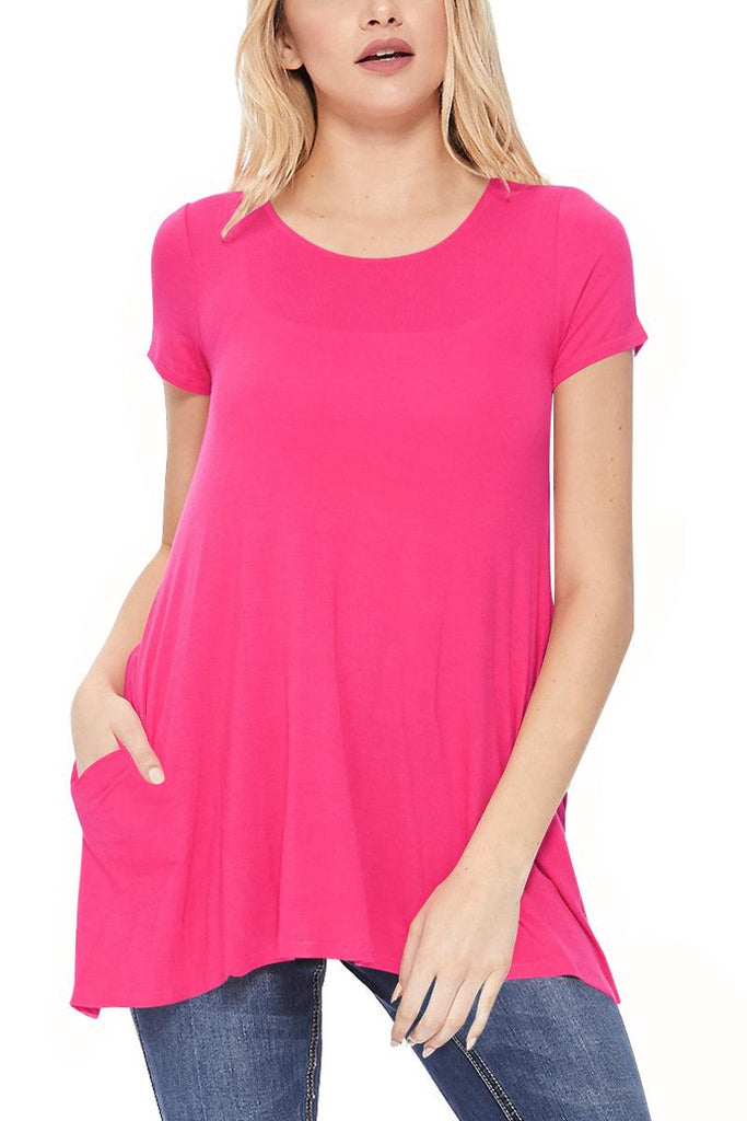 Women's Casual Short Sleeve Relaxed Fit Round Neck Side Pockets Tunic Top FashionJOA