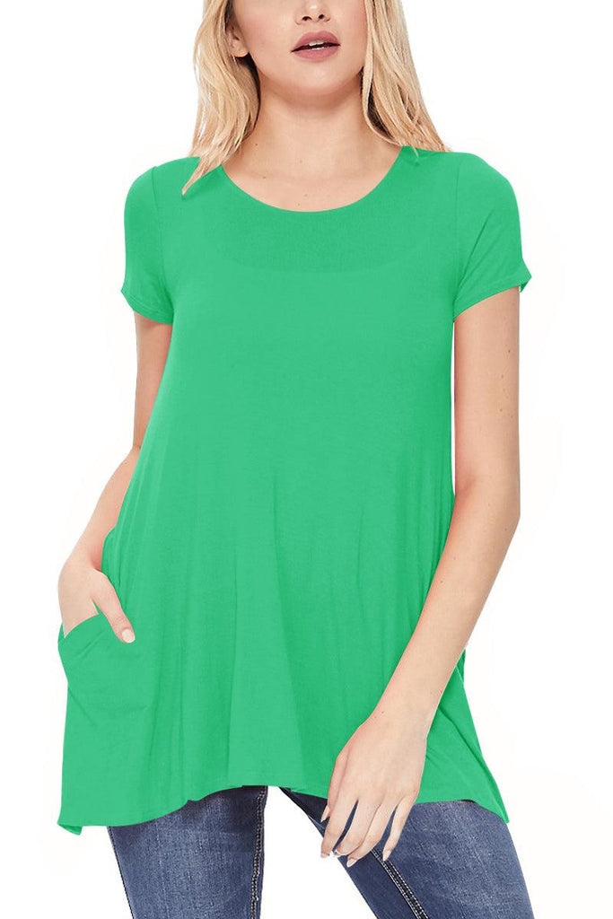 Women's Casual Short Sleeve Relaxed Fit Round Neck Side Pockets Tunic Top FashionJOA