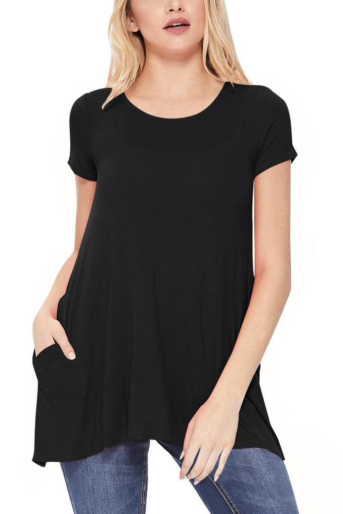 Women's Casual Short Sleeve Relaxed Fit Round Neck Side Pockets Tunic Top FashionJOA