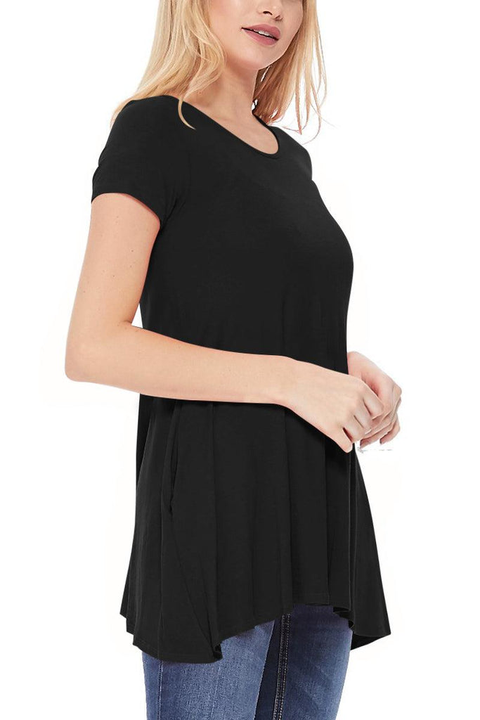 Women's Casual Short Sleeve Relaxed Fit Round Neck Side Pockets Tunic Top FashionJOA