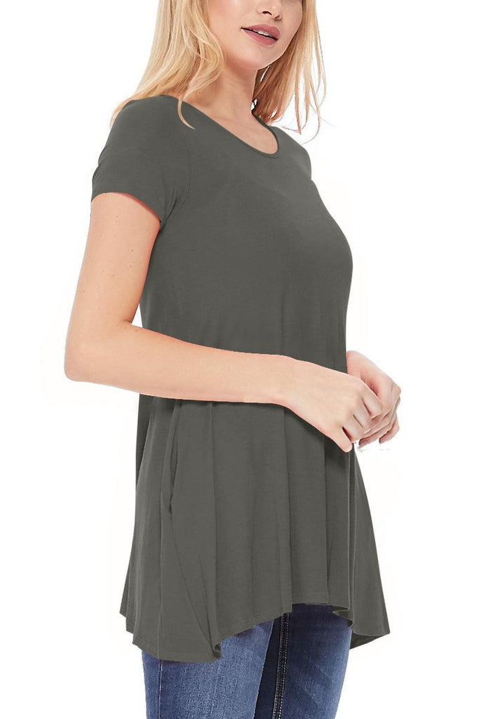 Women's Casual Short Sleeve Relaxed Fit Round Neck Side Pockets Tunic Top FashionJOA