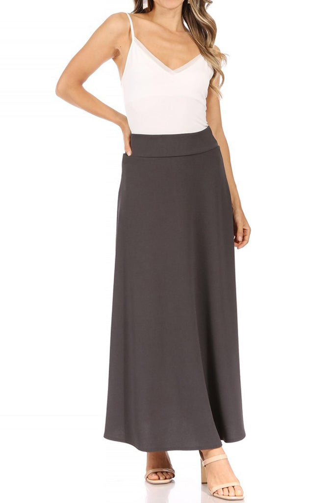 Women's Casual Solid Flare A-line Long Skirt with Elastic Waistband FashionJOA