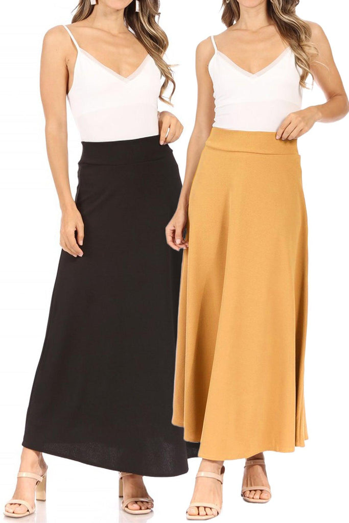 Women's Casual Solid Flare A-line Long Skirt with Elastic Waistband Pack of 2 FashionJOA