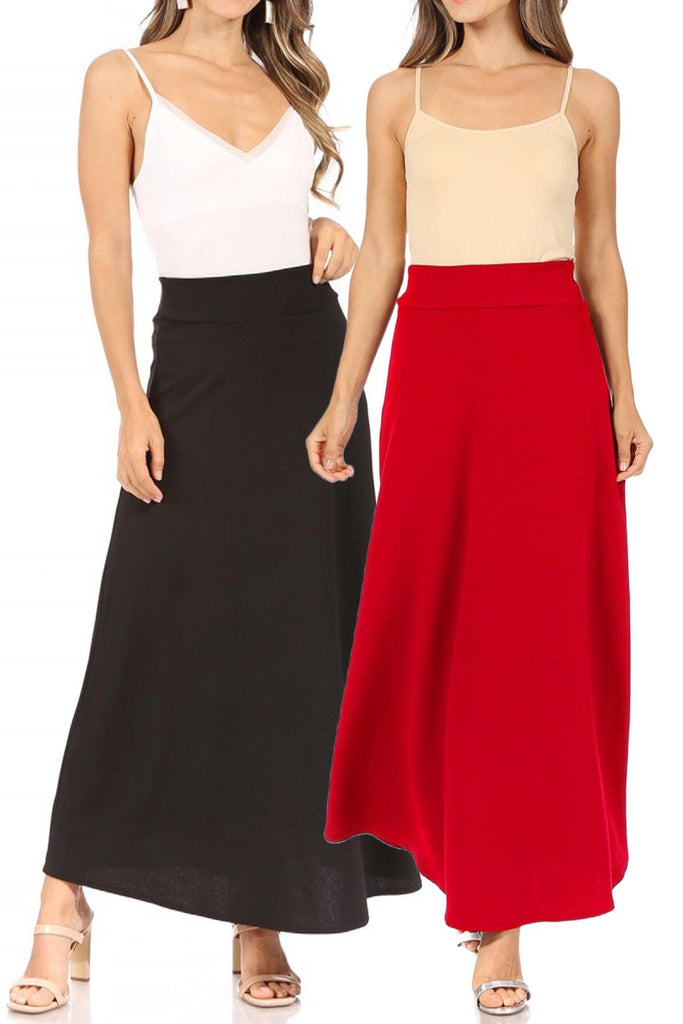 Women's Casual Solid Flare A-line Long Skirt with Elastic Waistband Pack of 2 FashionJOA