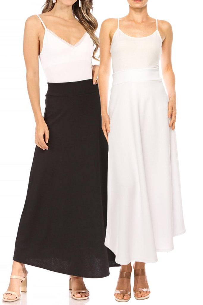 Women's Casual Solid Flare A-line Long Skirt with Elastic Waistband Pack of 2 FashionJOA