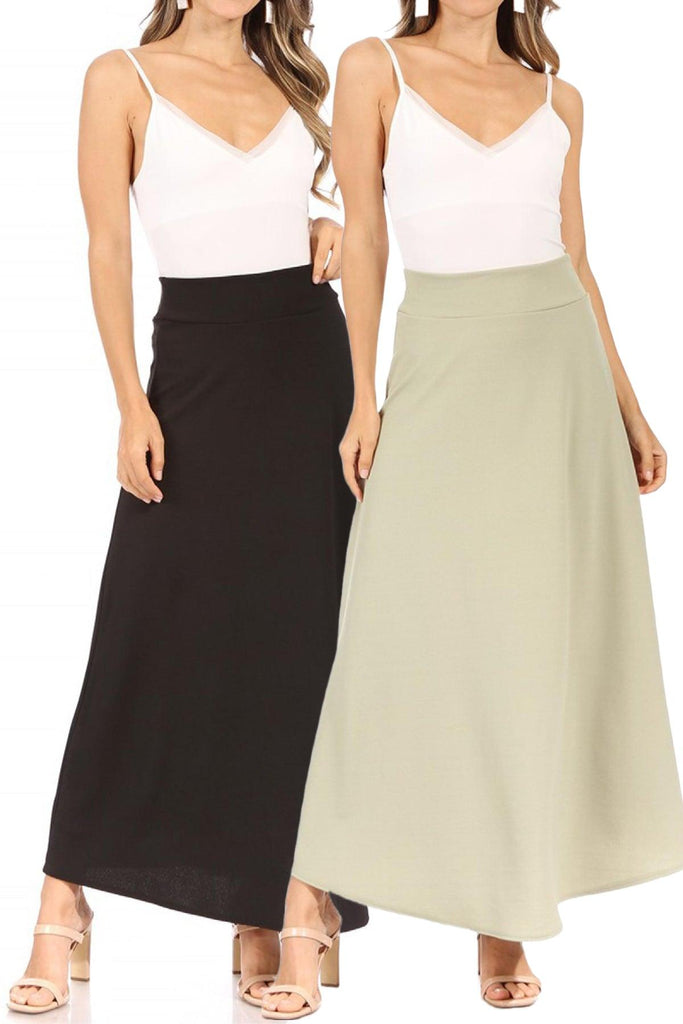 Women's Casual Solid Flare A-line Long Skirt with Elastic Waistband Pack of 2 FashionJOA