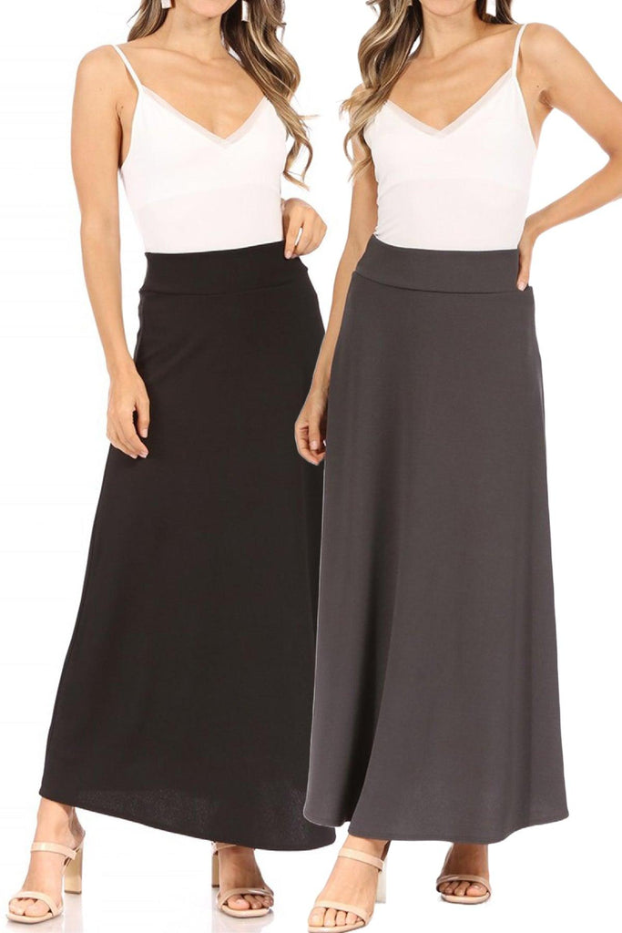 Women's Casual Solid Flare A-line Long Skirt with Elastic Waistband Pack of 2 FashionJOA