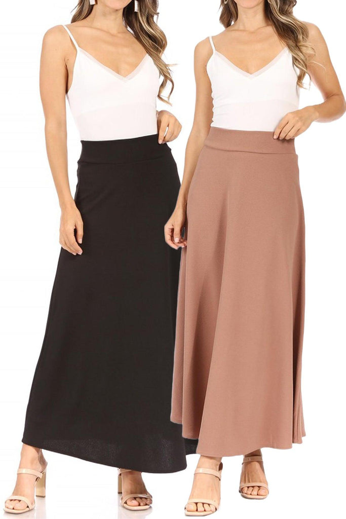 Women's Casual Solid Flare A-line Long Skirt with Elastic Waistband Pack of 2 FashionJOA