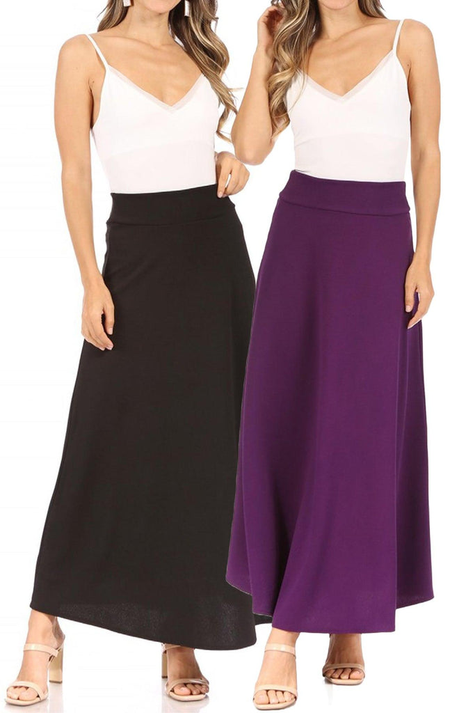 Women's Casual Solid Flare A-line Long Skirt with Elastic Waistband Pack of 2 FashionJOA