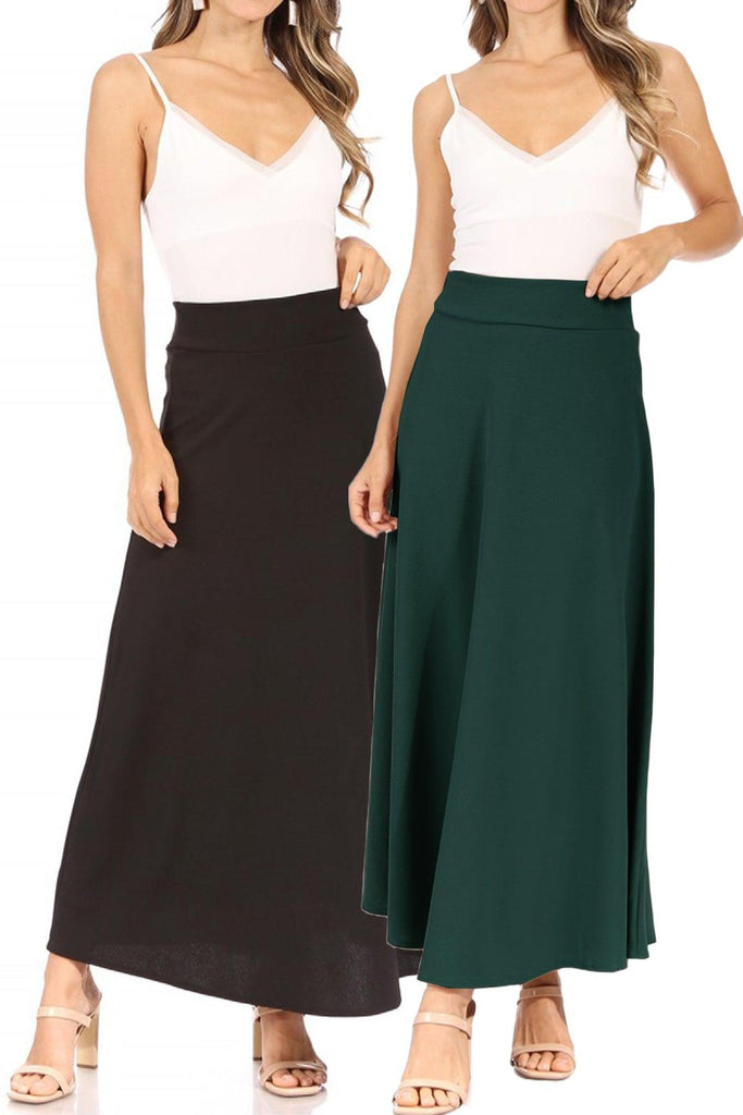 Women's Casual Solid Flare A-line Long Skirt with Elastic Waistband Pack of 2 FashionJOA