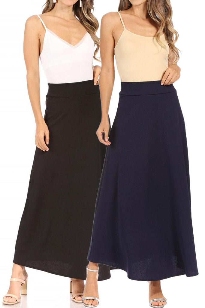 Women's Casual Solid Flare A-line Long Skirt with Elastic Waistband Pack of 2 FashionJOA