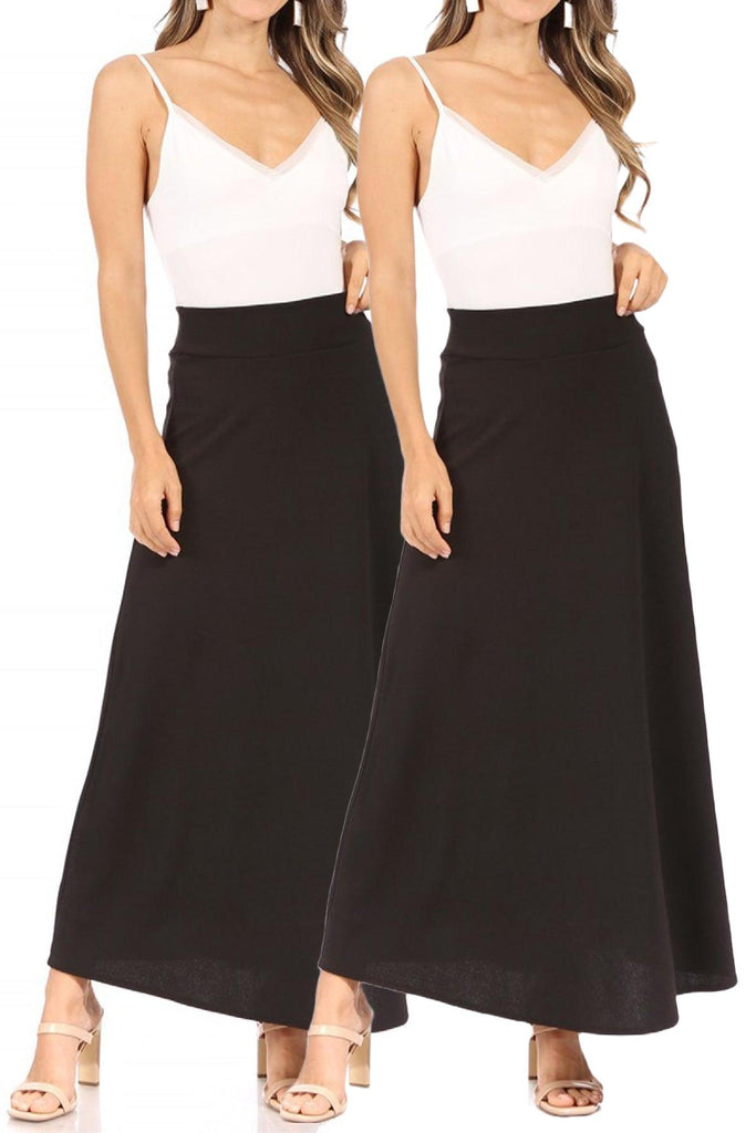 Women's Casual Solid Flare A-line Long Skirt with Elastic Waistband Pack of 2 FashionJOA