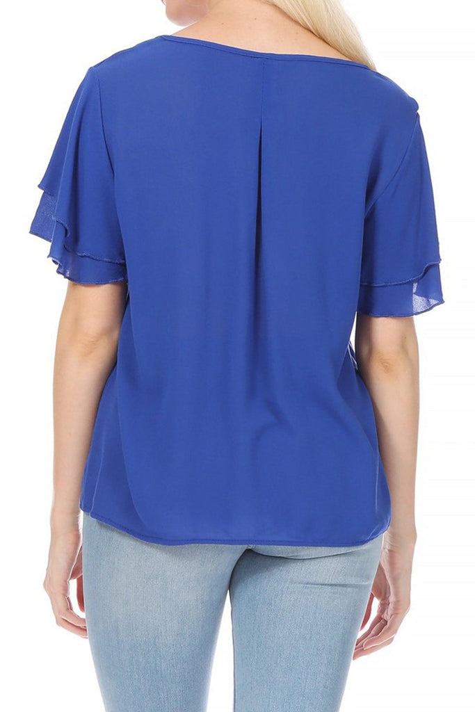 Women's Casual Solid Flowy Short Flutter Sleeve Round Neck Key Hole Blouse FashionJOA