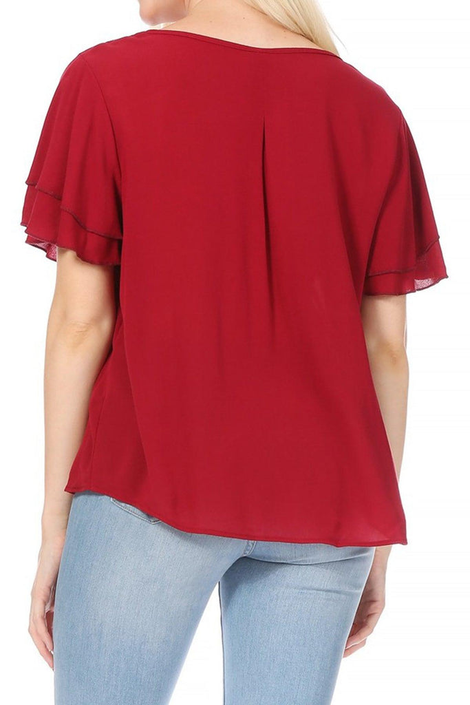 Women's Casual Solid Flowy Short Flutter Sleeve Round Neck Key Hole Blouse FashionJOA