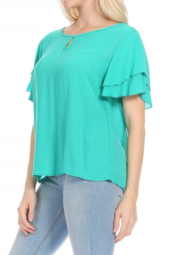 Women's Casual Solid Flowy Short Flutter Sleeve Round Neck Key Hole Blouse FashionJOA