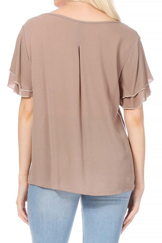 Women's Casual Solid Flowy Short Flutter Sleeve Round Neck Key Hole Blouse FashionJOA