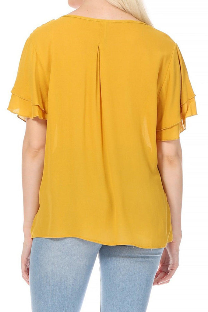 Women's Casual Solid Flowy Short Flutter Sleeve Round Neck Key Hole Blouse FashionJOA