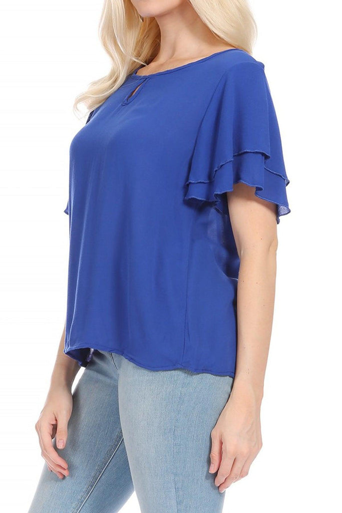 Women's Casual Solid Flowy Short Flutter Sleeve Round Neck Key Hole Blouse FashionJOA