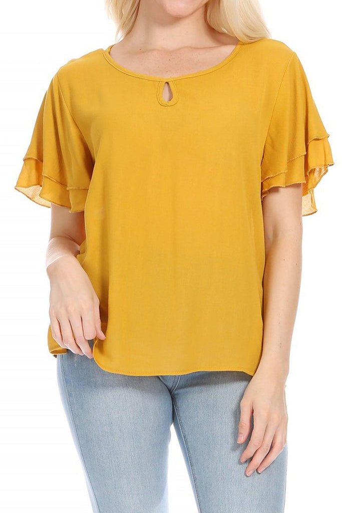 Women's Casual Solid Flowy Short Flutter Sleeve Round Neck Key Hole Blouse FashionJOA