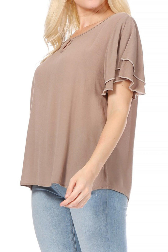 Women's Casual Solid Flowy Short Flutter Sleeve Round Neck Key Hole Blouse FashionJOA